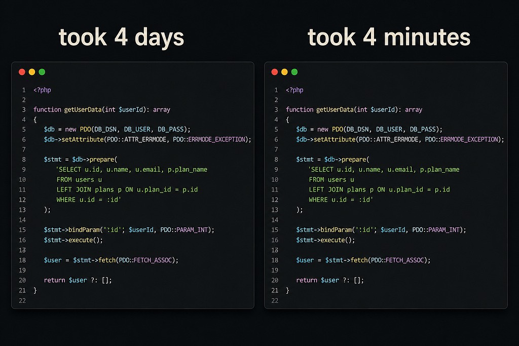 Two visually identical code snippets side by side, one labeled "took 4 days" and the other "took 4 minutes", showing that finished code no longer reveals the skill behind it.