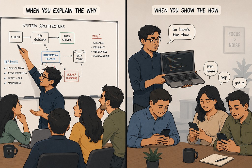 On the left an engineer explains at a whiteboard to an engaged, questioning team; on the right the same engineer shows work to people who nod politely without looking up.